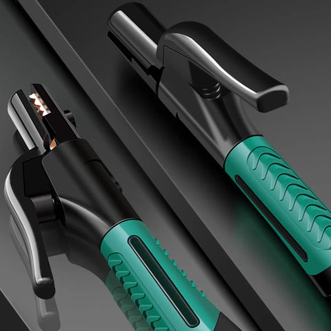 Heavy Duty 300A Welding Stinger And Electrode Holder Crafted With Raw Copper Jaw Cool Touch Isolated Handle Rock Solid Non Slip Grip close-up view.
