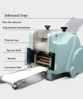 Heavy Duty Electric Dumpling Wrapper Press Maker 140W Motor detail of inbound tray components and conveyor belt.