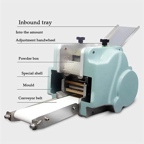 Heavy Duty Electric Dumpling Wrapper Press Maker 140W Motor detail of inbound tray components and conveyor belt.