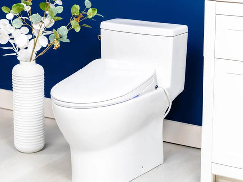 Top Shelf Elongated Bidet Toilet Seat Crisp White with adjustable nozzle in modern bathroom setting.