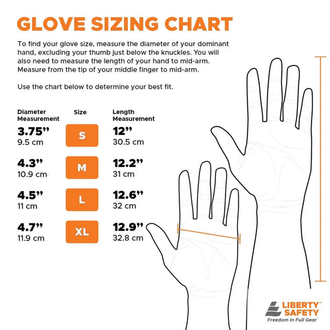 Glove sizing chart showing measurements for Heavy Duty Pvc Work Gloves With Sandy Finish Green Coat, size large.