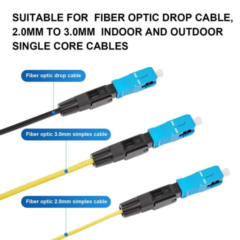 Front view of SC UPC fiber optic quick connector set with blue housings on yellow and black simplex cables