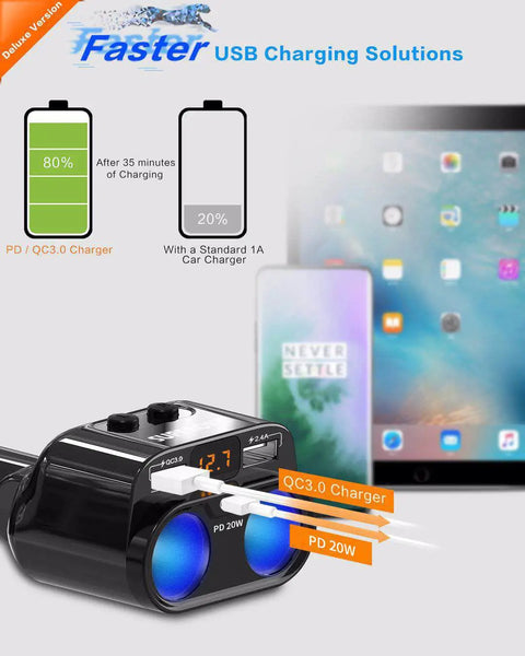 Dual Cigarette Lighter Splitter Car Charger With Independent Switches 200W Peak Power USB C PD 3.0 20W And QC 3.0 Fast Charge Powers iPhone Samsung Pixel And More While You Drive Ideal For Dash Cam GPS Mini Fridge And Accessories with two charging ports and digital display