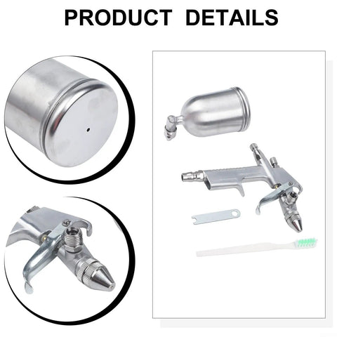Top Shelf Gravity Feed Paint Sprayer Gun 0.5mm Precision Nozzle 125ml Cup showing spray gun, cup, and accessories for auto detailing and wood projects.