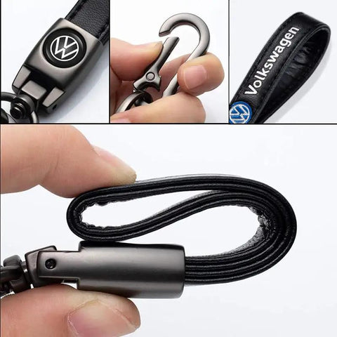 Close-up of Leather Car Keychain For Women And Men, Durable Iron Key Ring With Premium Leather Fob for VW Beetle, Tiguan, and Jetta.