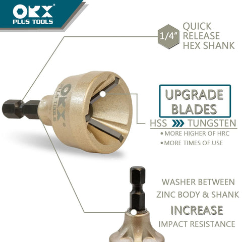 ORXPLUS Tools deburring external chamfer tool with tungsten blades and 1/4-inch quick-release hex shank