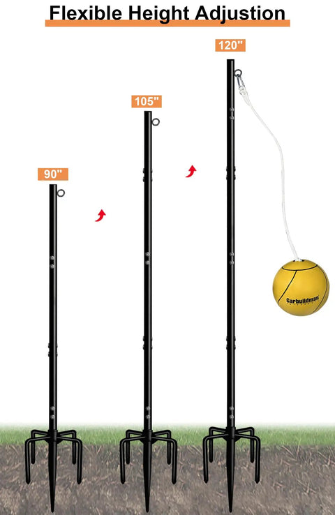 Tetherball Set With Ball And Rope For Outdoor Backyard Play Adjustable heights shown at 90, 105, 120 inches with 5-prong base.