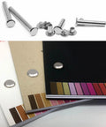Sixty Piece Assorted Chicago Screw Kit With Phillips Head Nail Rivets In Six M5 Sizes, showing various sizes on notebooks.