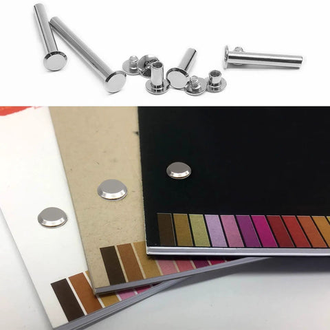 Sixty Piece Assorted Chicago Screw Kit With Phillips Head Nail Rivets In Six M5 Sizes, showing various sizes on notebooks.