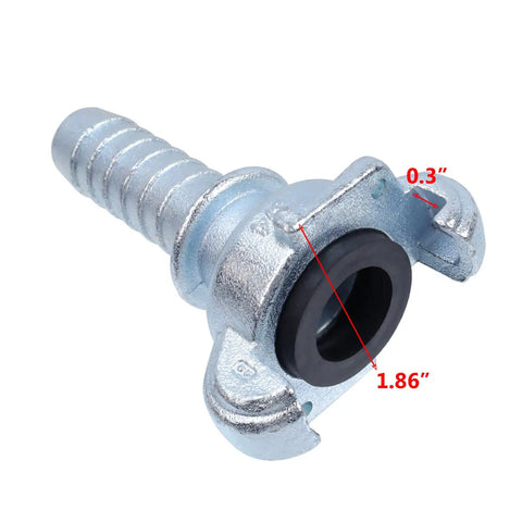 Close-up of galvanized steel fitting from Four Piece Three Quarter Inch Hose Barb Air Fittings Kit With Safety Locks And Washers