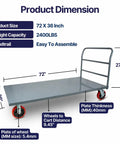 Badass Heavy Duty Flatbed Platform Cart Designed To Crush Retail Loads Featuring A Solid Seventy Two By Thirty Six Inch Deck And Two Thousand Four Hundred Pound Capacity Paired With Eight Swivel Locking Wheels For Smooth Daily Hauling dimensions displayed with size details.