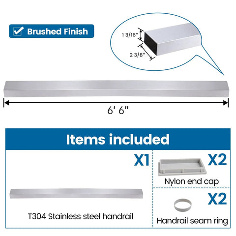 Top Shelf Heavy Duty Six Foot Six Inch Brushed Stainless Steel Flat Handrail For Cable Railing Systems, includes end caps.