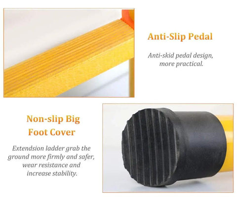 Anti-slip pedal and non-slip big foot cover of Heavy Duty Non Conductive Frp Telescoping Ladder Built Tough For Live Electrical Grind With Rock Solid Three Hundred Thirty Pound Rating And Quick Foldaway Design For Easy Hauling.