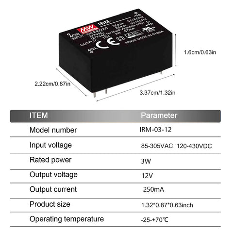 Straight Up Reliable 12V AC DC Switching Power Supply 3W PCB Mount With 85 To 305VAC Universal Input Compact Profile.