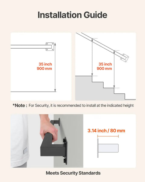 Installation guide for Badass Industrial Wall Mount Stair Handrail, showing height and dimensions for mounting.