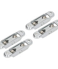 Heavy Duty Stainless Steel Double Wheel Roller Pulleys 4 Pack Dead Silent Glide Track Wheels For Sliding Closet Doors And Cabinet Windows Easy Swap Smooth Ride, set of four roller pulleys on a white background.