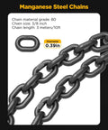 Heavy-duty lifting chain, 3/8 in x 10 ft, grade 80 gray steel, dual-leg sling for industrial hoists