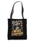 Kickass Electrician Tote Bag Featuring Coffee Wire Strippers Art Heavy Duty Polyester Canvas Satchel With Reinforced Cotton Handles For Work Grind Essential Daily Loadout, black design with colorful print.