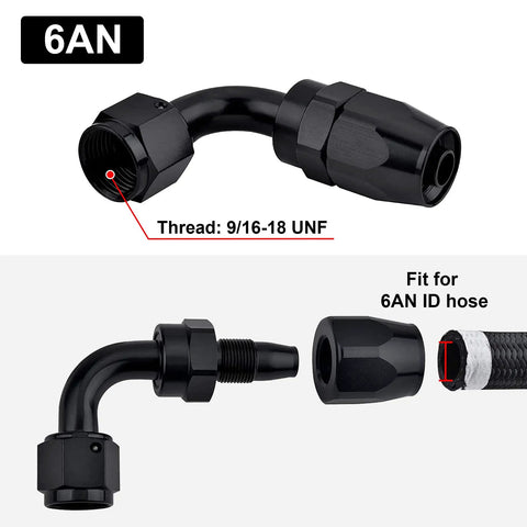 6AN Hose End Fitting 90 Degree Swivel for CPE Braided Hose Black 2 Pack Aluminum 6061T6 AN Size 9/16-18 UNF Swivel Adapter for Stainless or Nylon Braided Lines, 6AN 90-degree hose fitting with 9/16-18 UNF thread