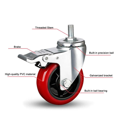 Heavy Duty Swivel Caster Wheels With Brake For Garage And Workshop, featuring red PVC wheel, threaded stem, and brake