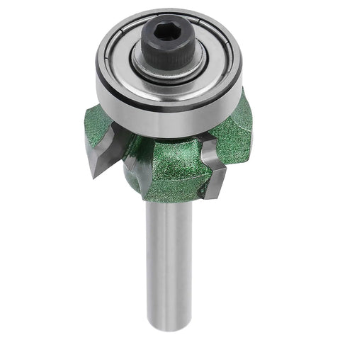 Jiawu 4-Tooth Woodworking Router Bit Trimmer For Perfect Edge Banding Finish With Tungsten Steel Blades And R2 Radius, 1/4 Inch Shank heavy duty milling cutter tool with green edges.