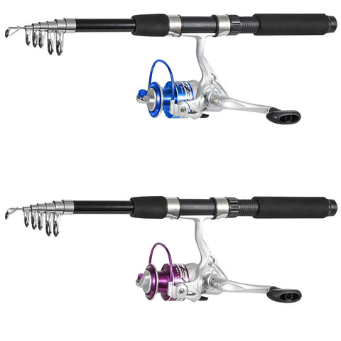 Two Piece Telescopic Fishing Rod And Reel Combo Kit 6.9 Foot Carbon Fiber Spinning Rods with Blue and Purple Reels