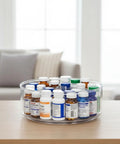 Straight Up Smooth Lazy Susan Turntable Organizer Featuring Ultra Glide Rotation And Smart Three Compartment Design For Zero Hassle Vitamin Pill Medicine Storage On Bathroom Vanities Or Kitchen Counters with various pill bottles.