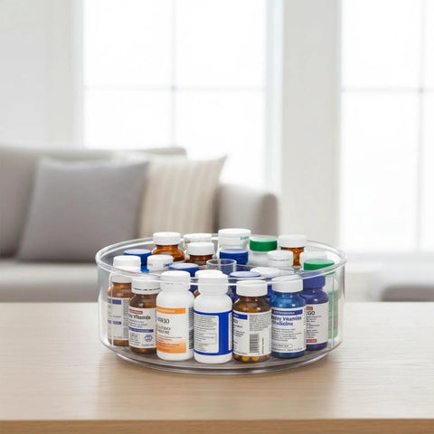 Straight Up Smooth Lazy Susan Turntable Organizer Featuring Ultra Glide Rotation And Smart Three Compartment Design For Zero Hassle Vitamin Pill Medicine Storage On Bathroom Vanities Or Kitchen Counters with various pill bottles.