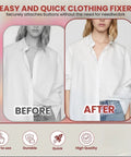 Before and after image of white shirt showing No Sweat Stitch Gun For Clothes Handheld Fabric Tacker quick fix results.