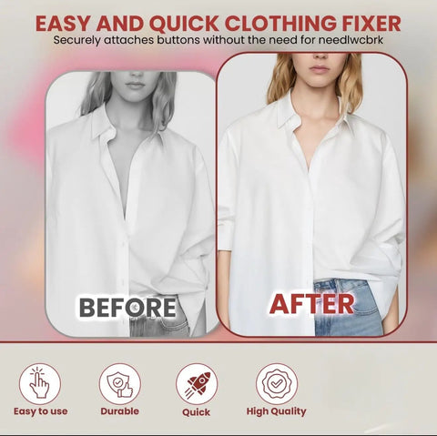Before and after image of white shirt showing No Sweat Stitch Gun For Clothes Handheld Fabric Tacker quick fix results.