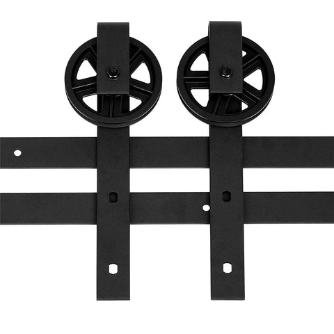 Heavy Duty Sliding Barn Door Hardware Kit With 6.6 Ft Rail In Black Finish showing sturdy large wheel design