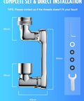 1080 Degree Swivel Faucet Aerator With Dual Water Outlet Modes showing measurements and installation components