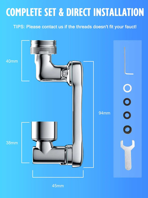 1080 Degree Swivel Faucet Aerator With Dual Water Outlet Modes showing measurements and installation components