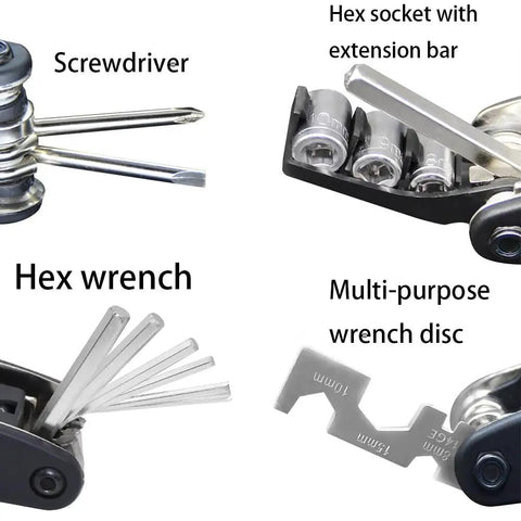 16 In 1 Bike Repair Tool Kit For Nulane Bicycle Compact Portable Lightweight Multi Tool With Wrenches Screwdrivers Hex Keys For Quick On The Go Fixes Today showing screwdriver, hex socket, and wrench disc components.