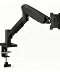 Top Shelf Single Monitor Arm Desk Mount With Ballistic Mechanical Springs For 17 To 32 Inch Screens, black clamp-on design.