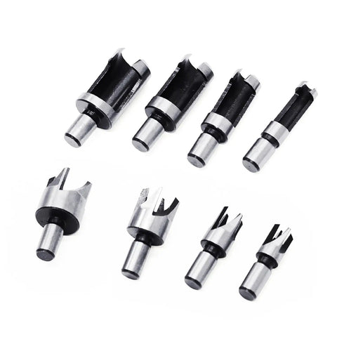 Kickass Eight Piece Wood Plug Cutter Drill Bit Set Made From Heavy Duty Carbon Steel And Titanium Coating for woodworking bits layout.