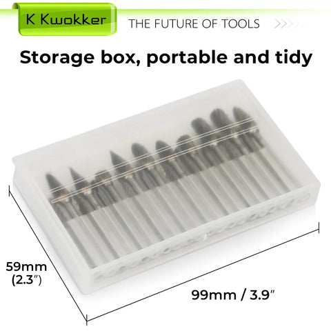 20 Piece Tungsten Carbide Burr Set For Dremel And Small Rotary Tools in clear storage box with dimensions 99mm x 59mm