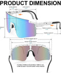 Go To Sport Sunglasses For Men And Women With UV400 Protection showcasing dimensions and adjustable features, blue frame.