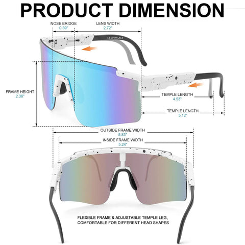 Go To Sport Sunglasses For Men And Women With UV400 Protection showcasing dimensions and adjustable features, blue frame.