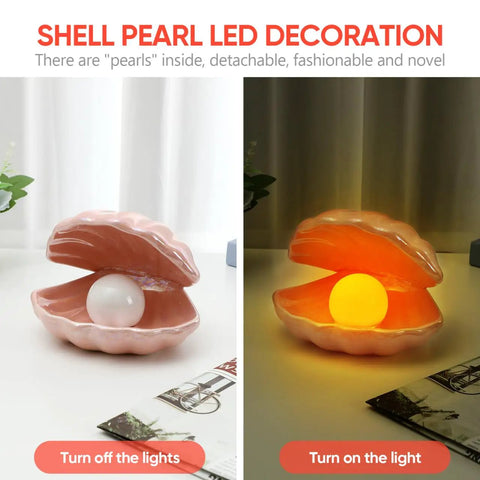 Seashell LED Mood Lamp, Portable Pearl Night Light showing ceramic shell with glowing LED pearl, ocean beach decor vibe