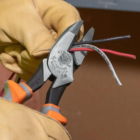 Electrician uses 1000V Rated Insulated Side Cutting Pliers 9 Inch Built For Pros With High Leverage, Made In USA cutting wires
