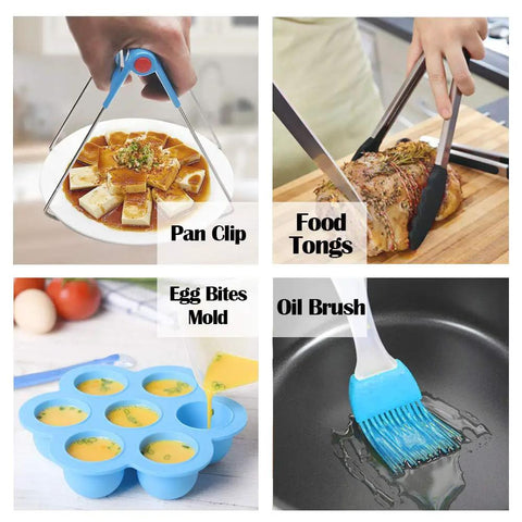 Game Changing 11 Piece Air Fryer Accessories Kit With Recipe Cookbook For Philips COSORI And Other Air Fryers And Ovens Deluxe 8 Inch Deep Fryer Set Crafted From FDA Certified Food Grade Materials showing pan clip, food tongs, egg bites mold, and oil brush in use
