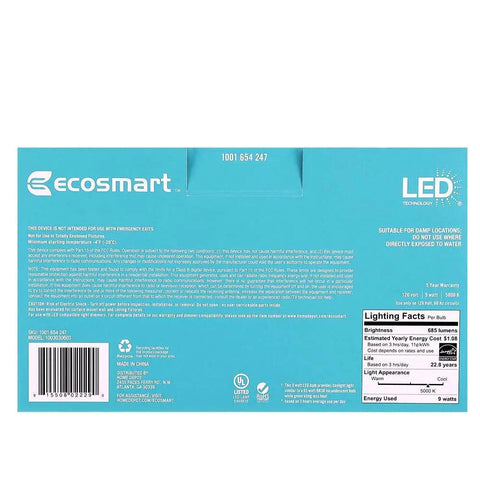 Back of 65W Equivalent Dimmable BR30 LED Light Bulb, 685 Lumens, 5000K Daylight, 9W Low Power package showing specs