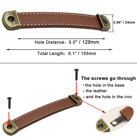 Leather Drawer Pulls With Iron Plate For Enhanced Bearing Capacity 6 Piece Set Includes Self Tapping Screws Ergonomic Red Brown Leather Handles