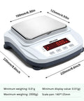 High Precision Digital Lab Scale 2000G Capacity With 0.01G Readability, Tare And Counting, showing dimensions and display