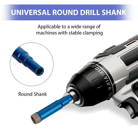 Built Like A Tank Heavy Duty Diamond Hole Saw Set With Razor Sharp Pilot Drill Bit For Porcelain Ceramic Tile Granite Marble And Brick An Eleven Piece Kit Ranging From One Quarter To Two Inches, showing a blue round drill shank attached to an electric drill.