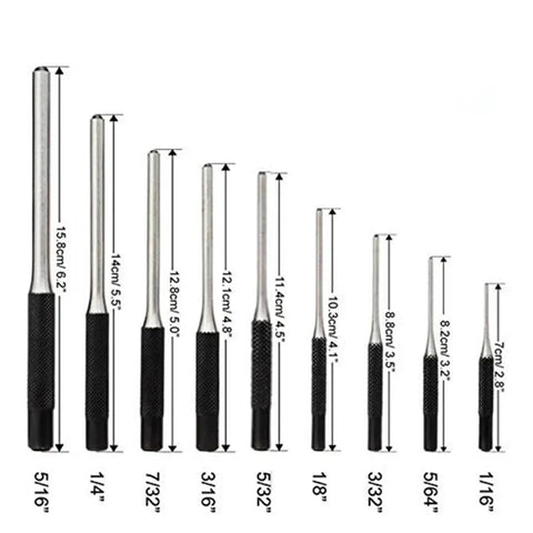 Rock Solid 9 Piece Steel Multi Size Round Head Pin Punch Set With Grip Handles For Quick Pin Removal And Heavy Duty Rolling Tasks At The Shop Or Home Garage Today, 5/16 to 1/16 in sizes