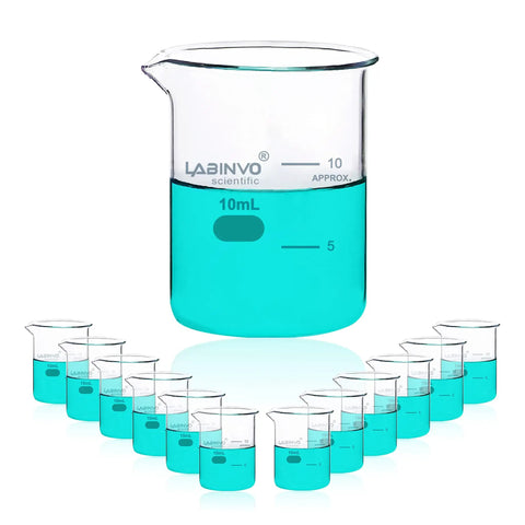 Low Form 10 mL Glass Beaker Set, 12 Pieces, 3.3 Borosilicate Lab Beakers With White Enamel Graduations From 5 to 10 mL pictured