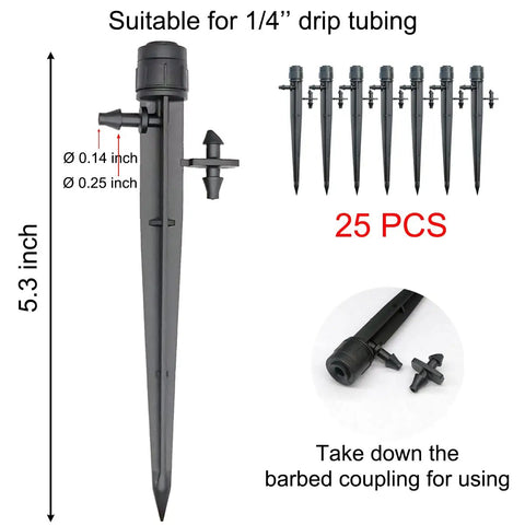 Drip Irrigation Emitters Set 25 Pcs With Adjustable Flow 0 To 20 GPH Drippers And Stakes for 1/4" tubing, shown with dimensions