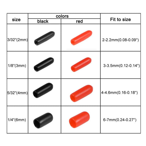 Super Cool 500 Piece Round Rubber End Caps Kit For Protecting Threads And Rods With 3 Sizes Including 3/32 Inch 1/8 Inch And 5/32 Inch Plus 1/4 Inch Black Plugs That Keep Dust Out And Prevent Damage To Your Gear In A Big Way. size chart of black and red rubber end caps, 3/32 to 1/4 inch